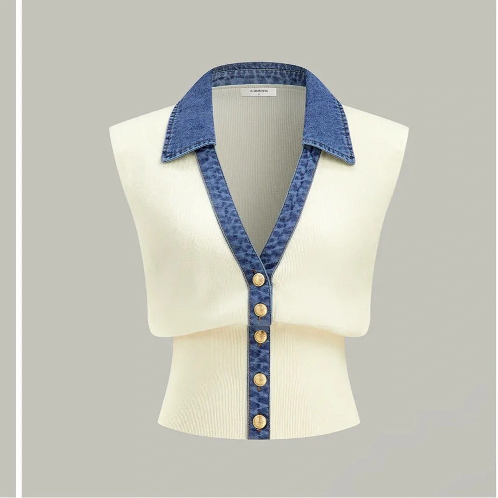 Commense Denim Trim Knit Vest with Metal Buttons size small Color offwhite - Picture 2 of 4